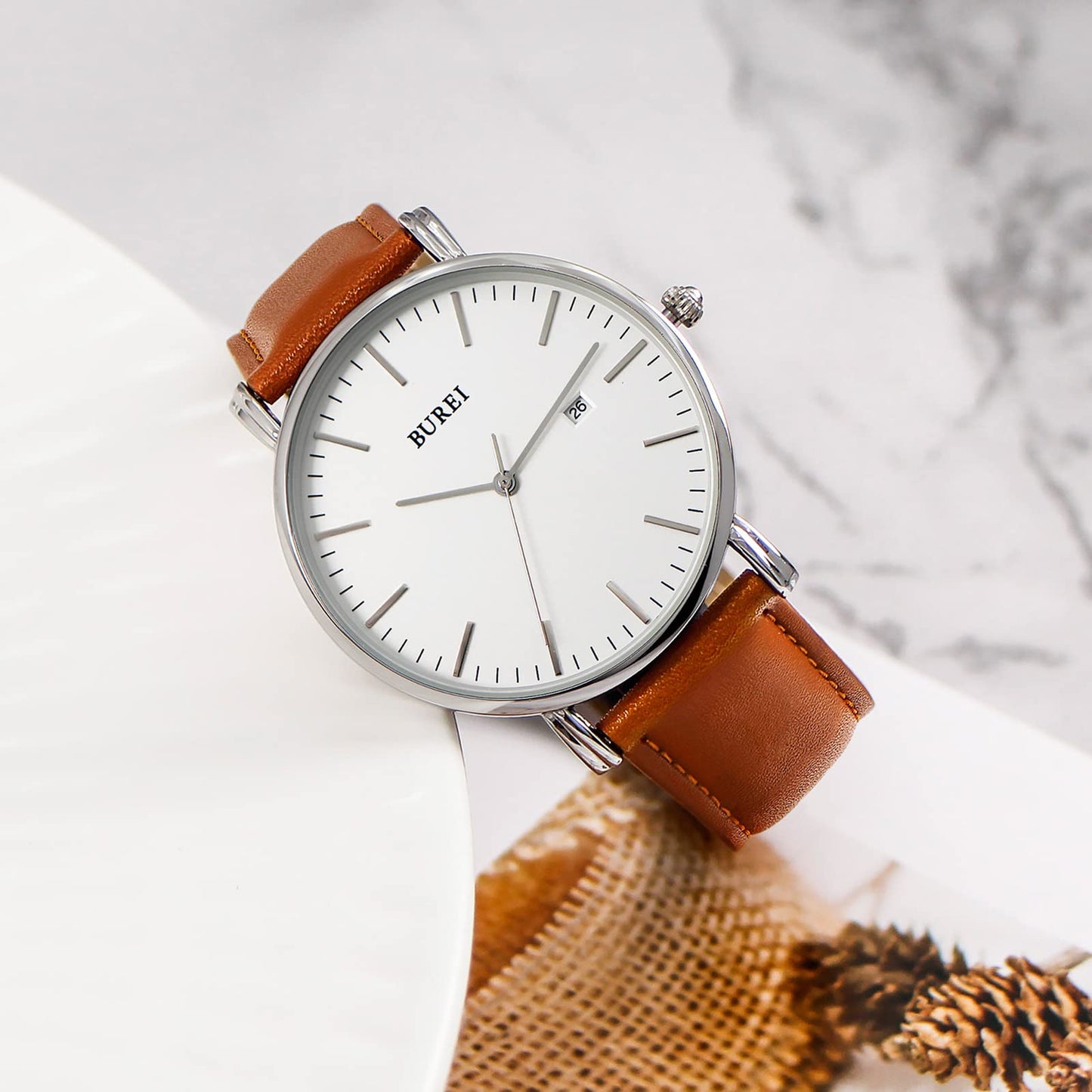 BUREI Men's Fashion Minimalist Wrist Watch Waterproof Watches Simple Ultra Thin Watches Analog Quartz Date with Brown Black Leather Strap