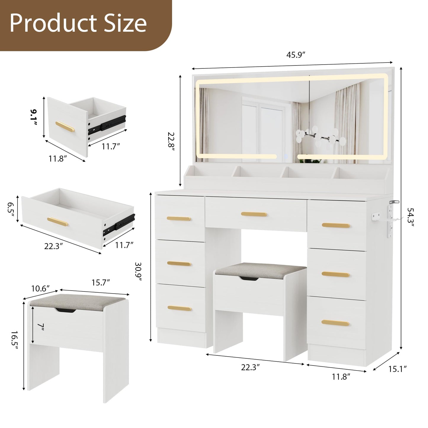 Garvee Vanity Desk with Large Mirror and Lights, 45.9 in Makeup Vanity Desk, 3 Lighting Modes Adjustable Brightness, Vanity Table with Power Outlet & 8 Drawers, for Powder Room and Bedroom