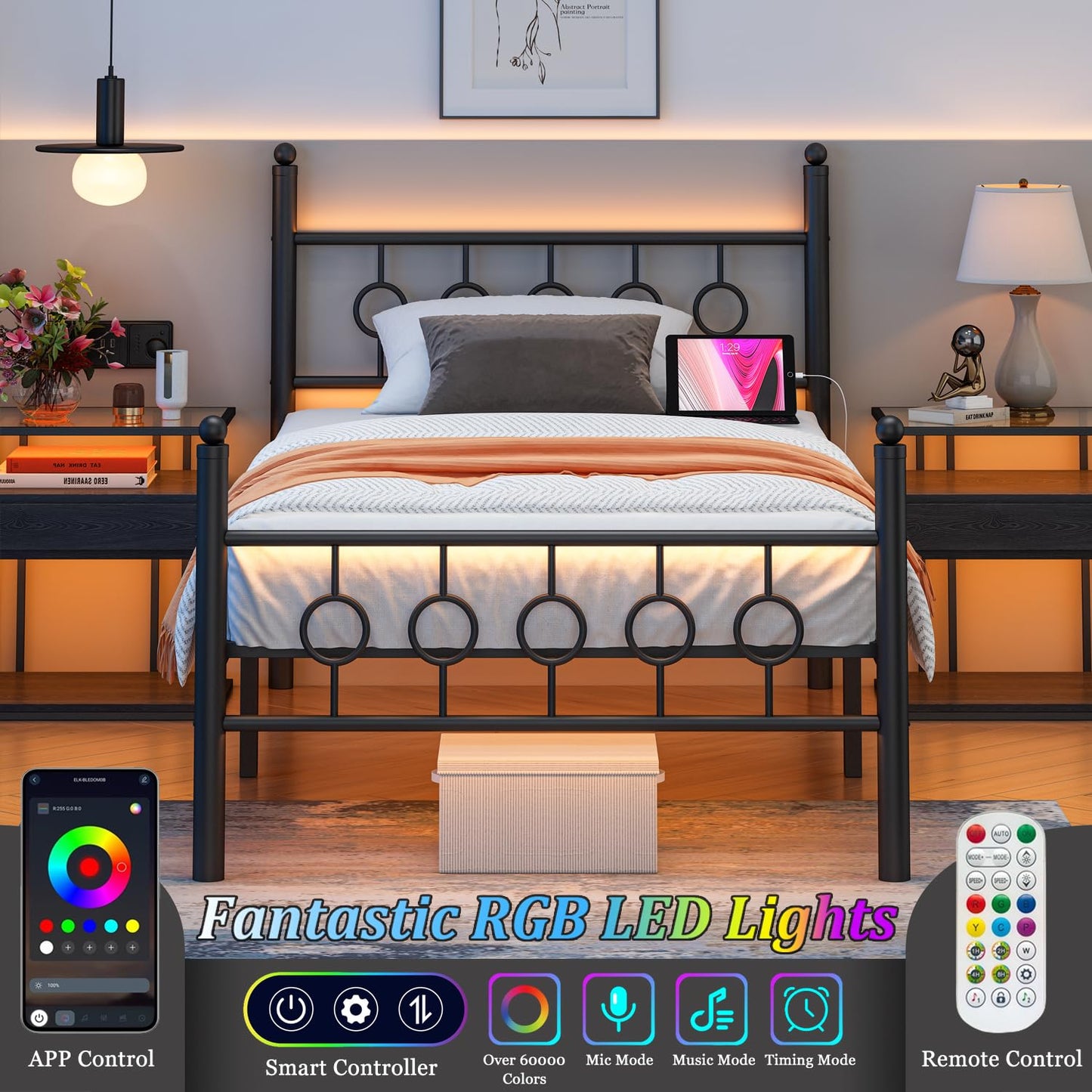 Jenmit Twin Bed Frames with Headboard, LED Bed Frame with Charging Station, Metal Platform, Under-Bed Storage, No Box Spring Needed, Noise Free, Easy Assembly, Black