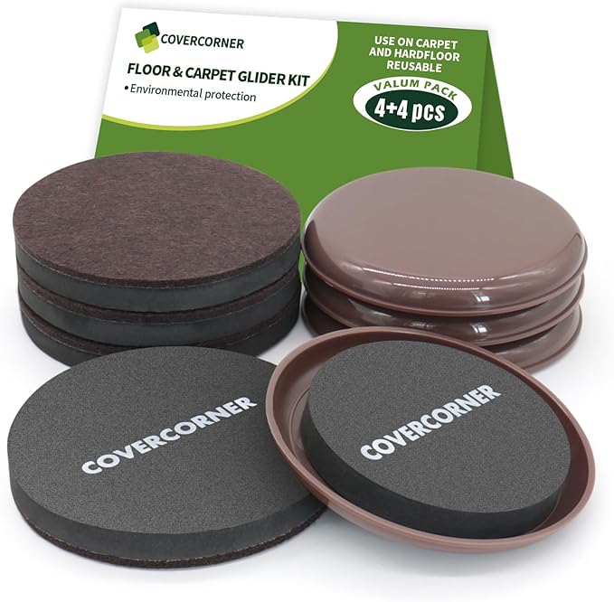 COVERCORNER Furniture Sliders for Hardwood Floors, Furniture Sliders for Carpeted Floors, 8 PCS 4 3/4 inch Combo Pack, Sliders for Moving Furniture, Furniture Movers Sliders-Brown
