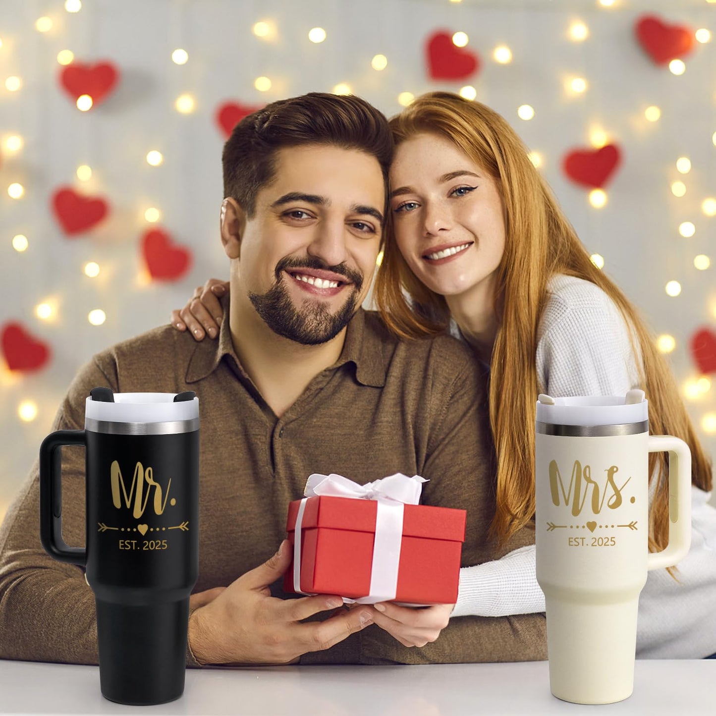 Qtencas Mr and Mrs Gifts, Mr and Mrs EST 2025 Stainless Steel Travel Tumblers Set, 40 oz 2025 Travel Mug for Couples Newlyweds, Engagement Wedding Gifts, Bridal Shower Anniversary Cups（Black & Beige）