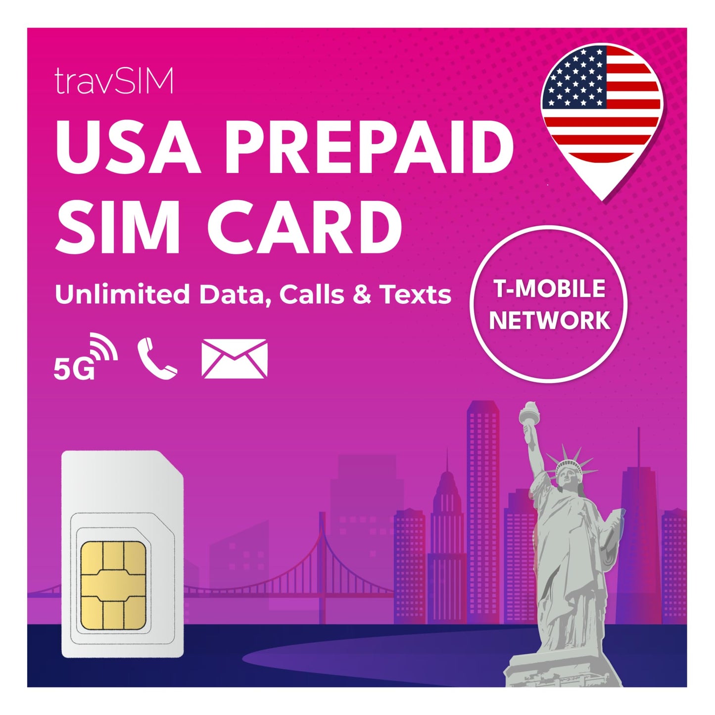 Travsim Usa Sim Card | Uses The T-Mobile Network | Unlimited Data, Unlimited National Calls & Texts | Sim Card For Usa Also Has