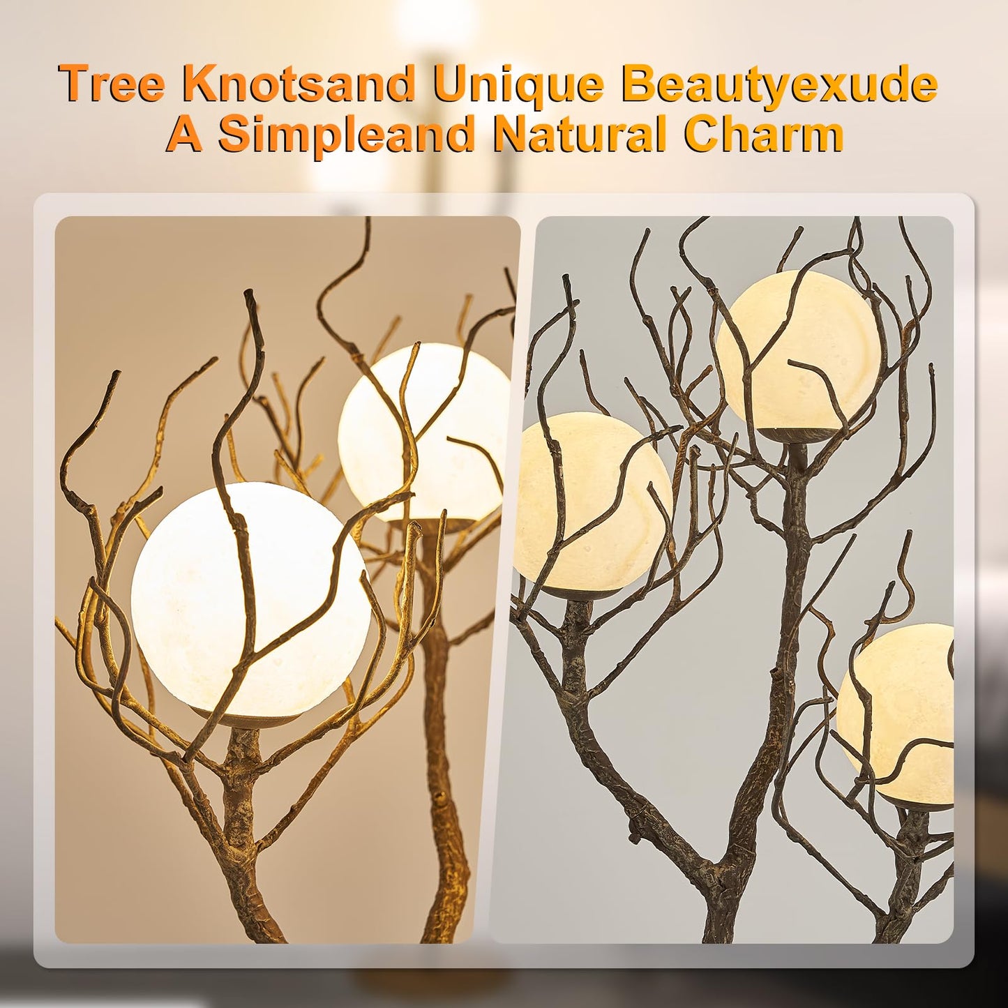 eccuslon Unique Floor Lamp for Living Room - Tree Trunk Design with 3 Moon Lights, Wood Grain Resin & Metal Base for Farmhouse, Bedroom and Office(63 Inch)