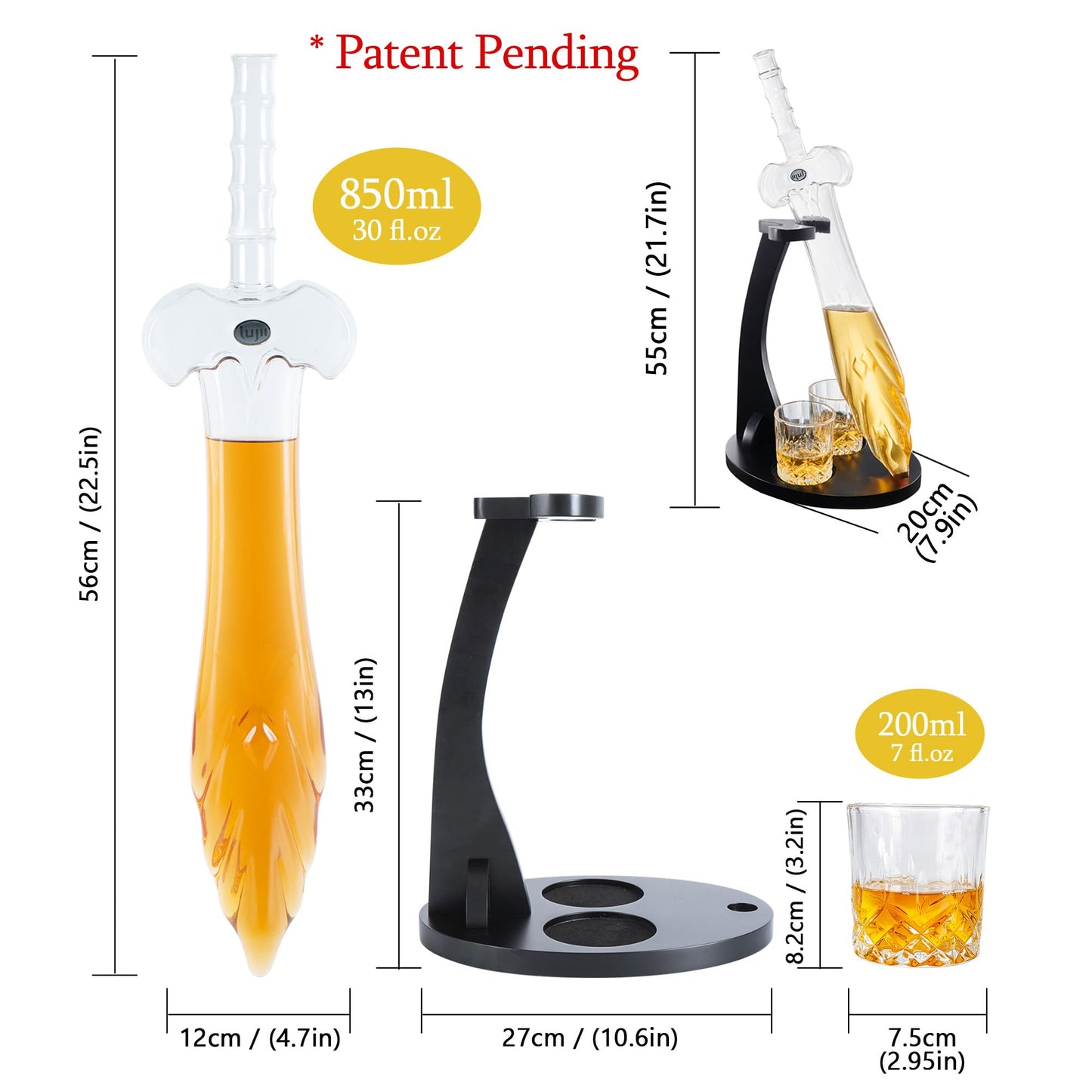 LUJII Heroic Sword Whiskey Decanter Set for Brave Hero, Liquor Dispenser with 2 Glasses & Wooden Tray, Alcohol Holder for Bourbon or Scotch, Gift for Men Husband Dad Boyfriend or Son, 850 ml