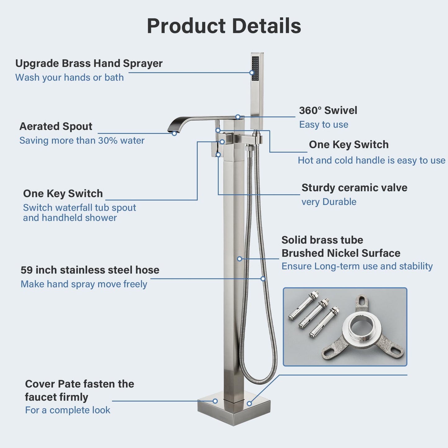 Freestanding Bathtub Faucet Brushed Nickel Tub Filler Floor Mount Single Handle Brass Tap with Handheld Shower and Swivel Mixer Spout