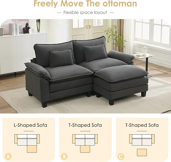 URRED Cloud Couch Modular Sectional Sofa, 87" Modern L Shaped Deep Seat Sofa with Ottoman & Pillows, Ultra Comfy Velvet Couches for Living Room, Bedroom or Apartment, Dark Gray