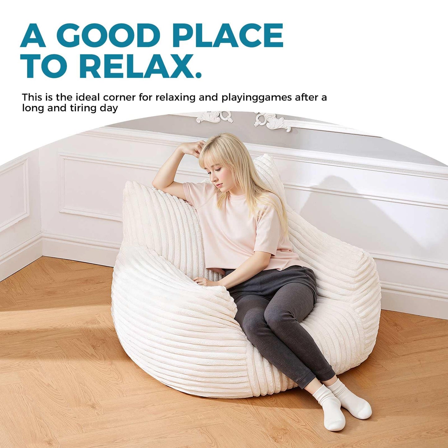 Bean Bag Chairs for Adults with Footstool,Bean Bag with Filler Included，Plush with armrests Bean Bag Chair，Floor Sofa is Suitable for Living Rooms, bedrooms,Reading (Off-White, Sofa Chair)