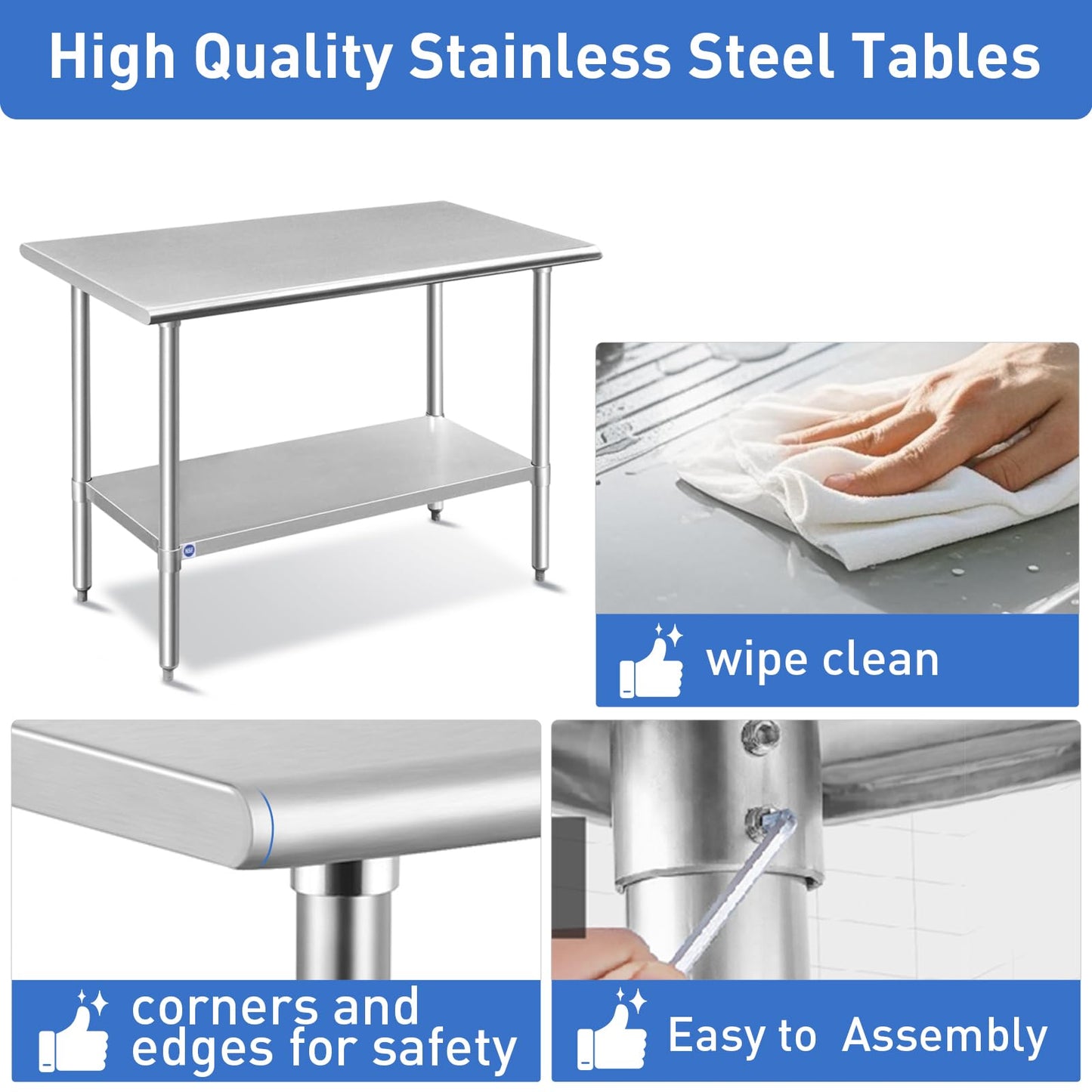 ROCKPOINT Stainless Steel Table for Prep & Work 24x30 Inches, NSF Metal Commercial Kitchen Heavy Duty Table with Adjustable Under Shelf and Table Foot for Restaurant, Home and Hotel