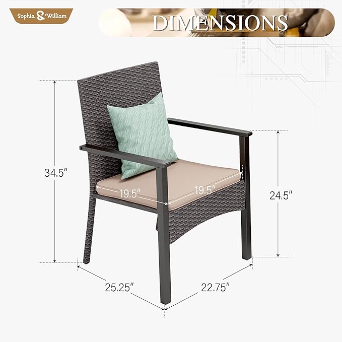 Sophia & William Patio Chairs Set of 2, 2 Pcs Lightweight Rattan Outdoor Dining Chairs, All-Weather Wicker Dining Chairs with Comfortable Seating