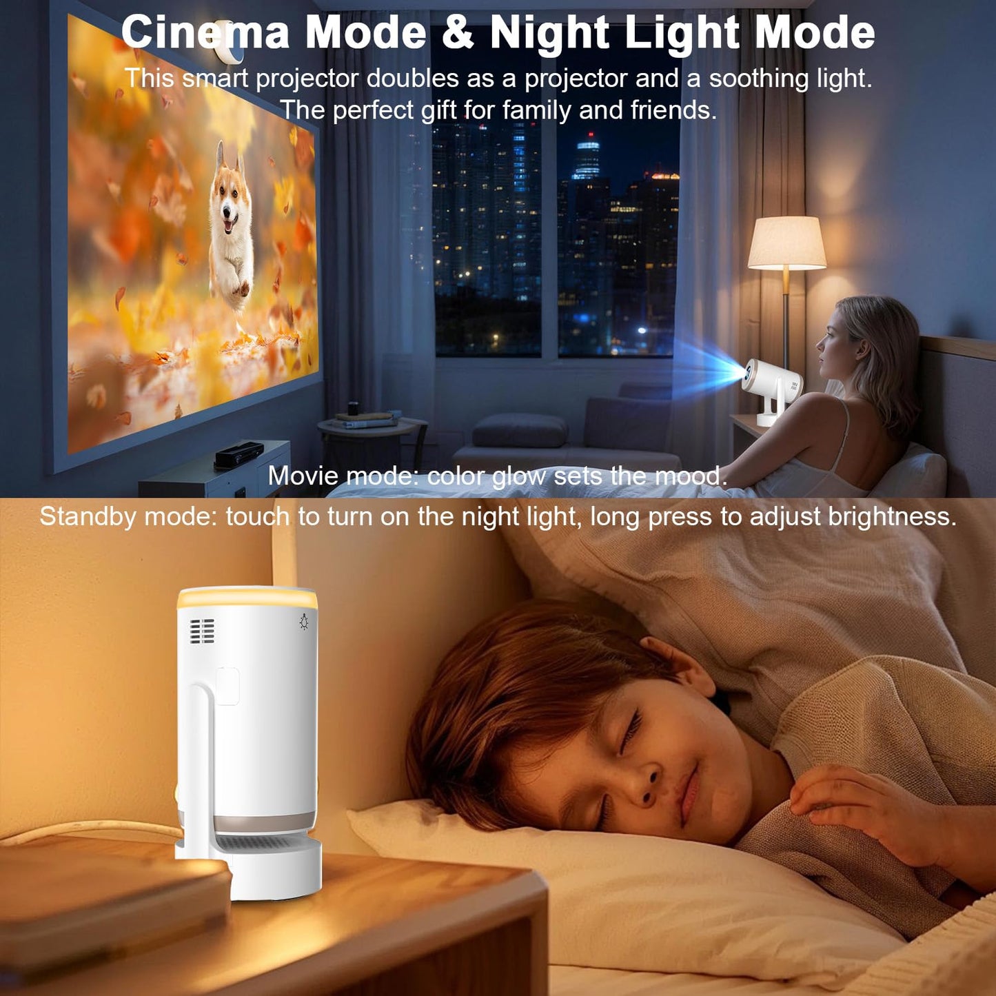[Built-in Apps] 2-in-1 Portable Projector & LED Night Light, Smart Projector with WiFi and Bluetooth, Supports 4K/1080P, Electric Focus/Enhanced Speaker, Home Movie Projector for Bedroom