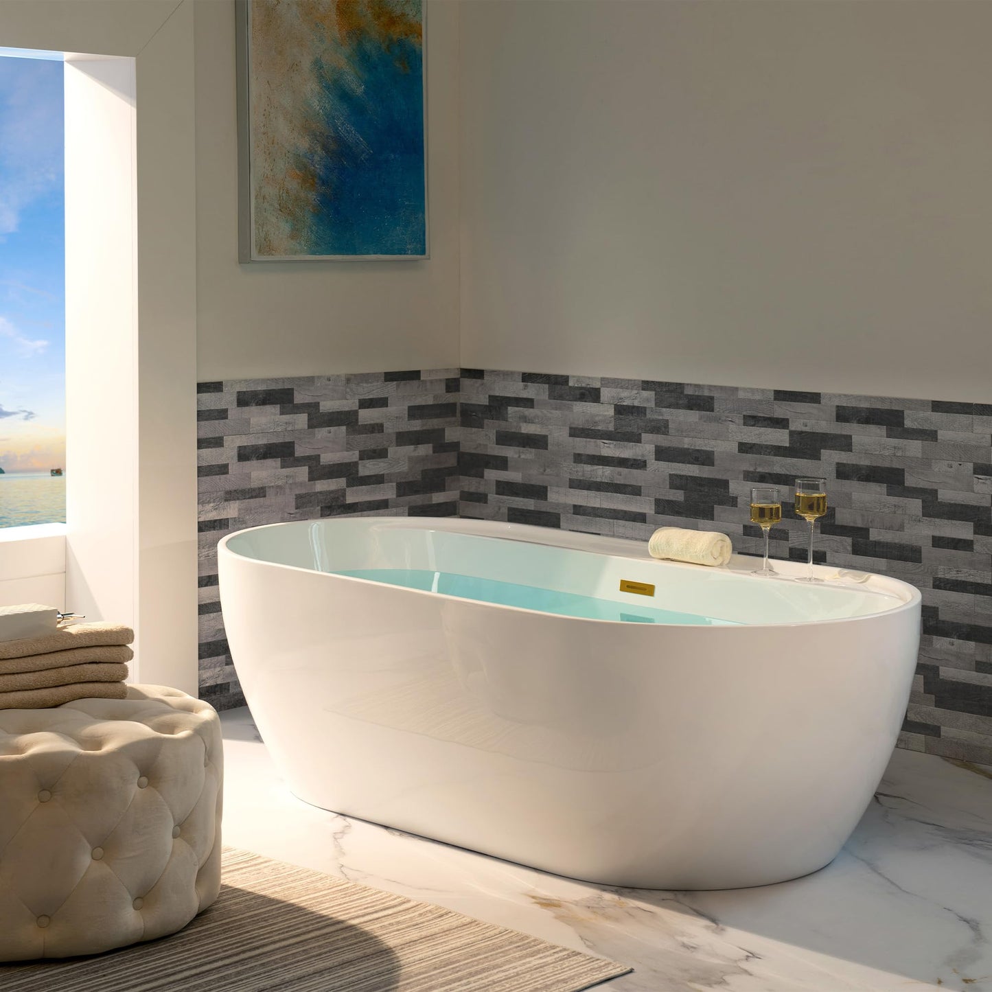 WOODBRIDGE 72" Acrylic Freestanding Bathtub Contemporary Soaking White Tub with Brushed Gold Overflow and Drain,B0059-BG