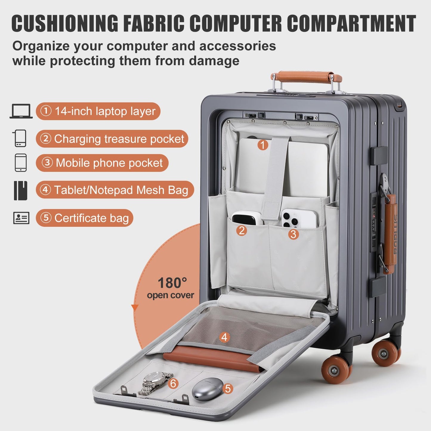ROPLUS Carry On Luggage with Front Cover Compartment, Aluminium Frame Rolling Suitcase with USB Ports, Cup Holder, TSA Lock, Skate Wheels (WhiteGreen, 21-Inch)