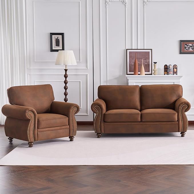 Couchus Living Room Furniture Sets,Sofa Sets and Couch Sets for Living Room,Mid-Century Vintage Sofa Couches with Rivet Design (Caramel, Single+Loveseat)