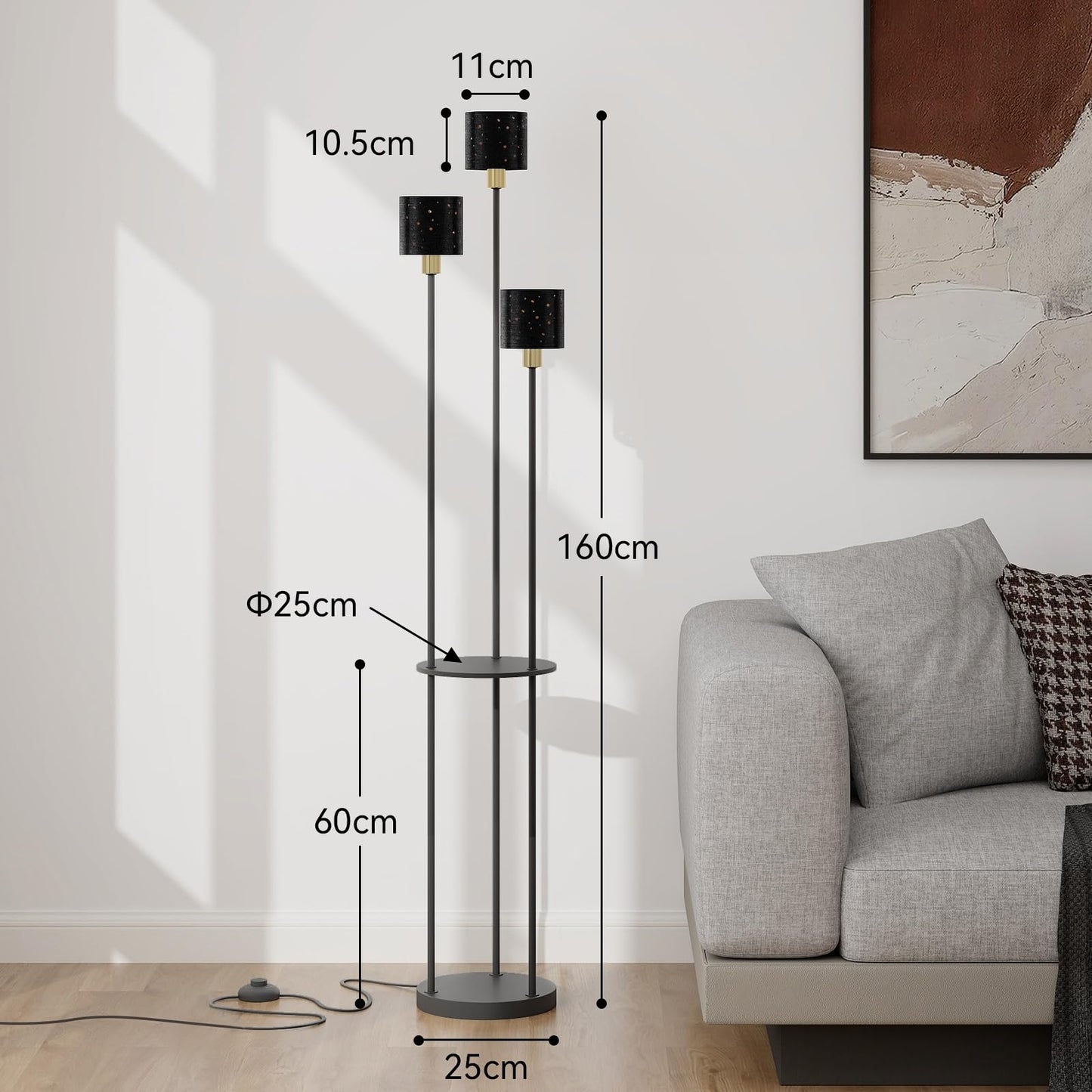 Modern Black Floor Lamp with 3 Lights Standing Shelves for Living Room and Bedroom Tall Standard