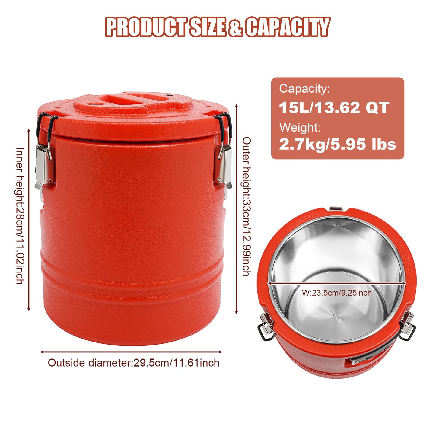 Bulelula 15.9QT Insulated Soup Container 4 Gallon Commercial Food Warmer for Hot&Cold Food, Hot Box for Catering, Food Cooler Soup Carrier for Restaurant, Canteen 6H Insulation Time (Red)