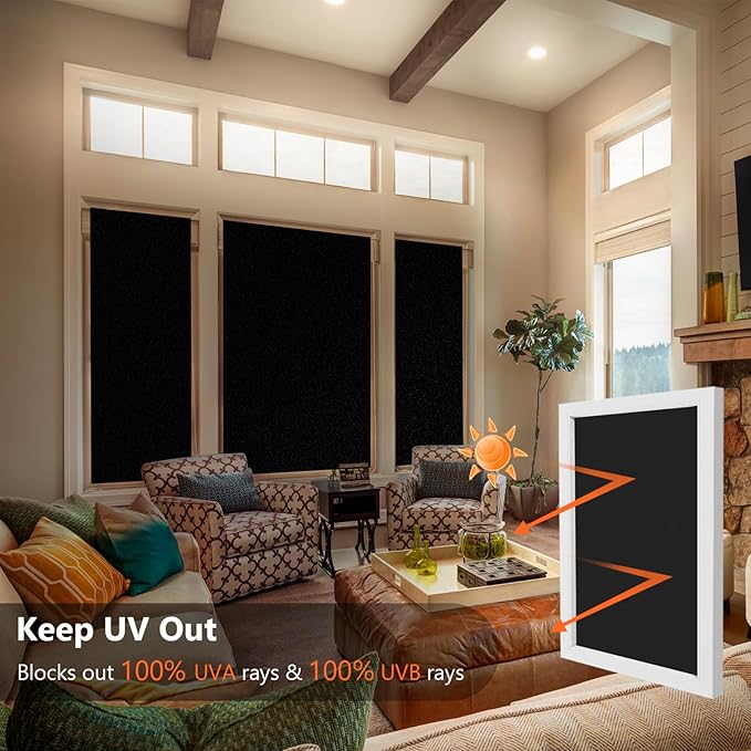 Kromapolis Blackout Window Privacy Film Total Light Blocking Room Darkening Window Covering, Removable Static Cling Frosted Glass Tint, Non-Adhesive, Black 45.2'' x 236.2''