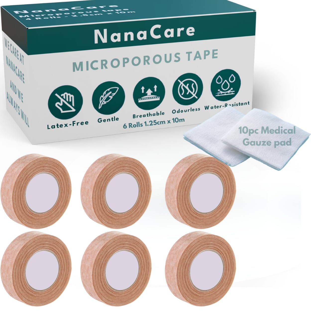 Nanacare Tan Surgical Tape 0.5" x 11yd (6 Rolls) +10pc Gauze Pads | Microporous Micropore Tape | Skin Coloured Nose Tape|Medical Tape for Skin, Dressings,Face, Wound Care | First Aid Bandage Tape
