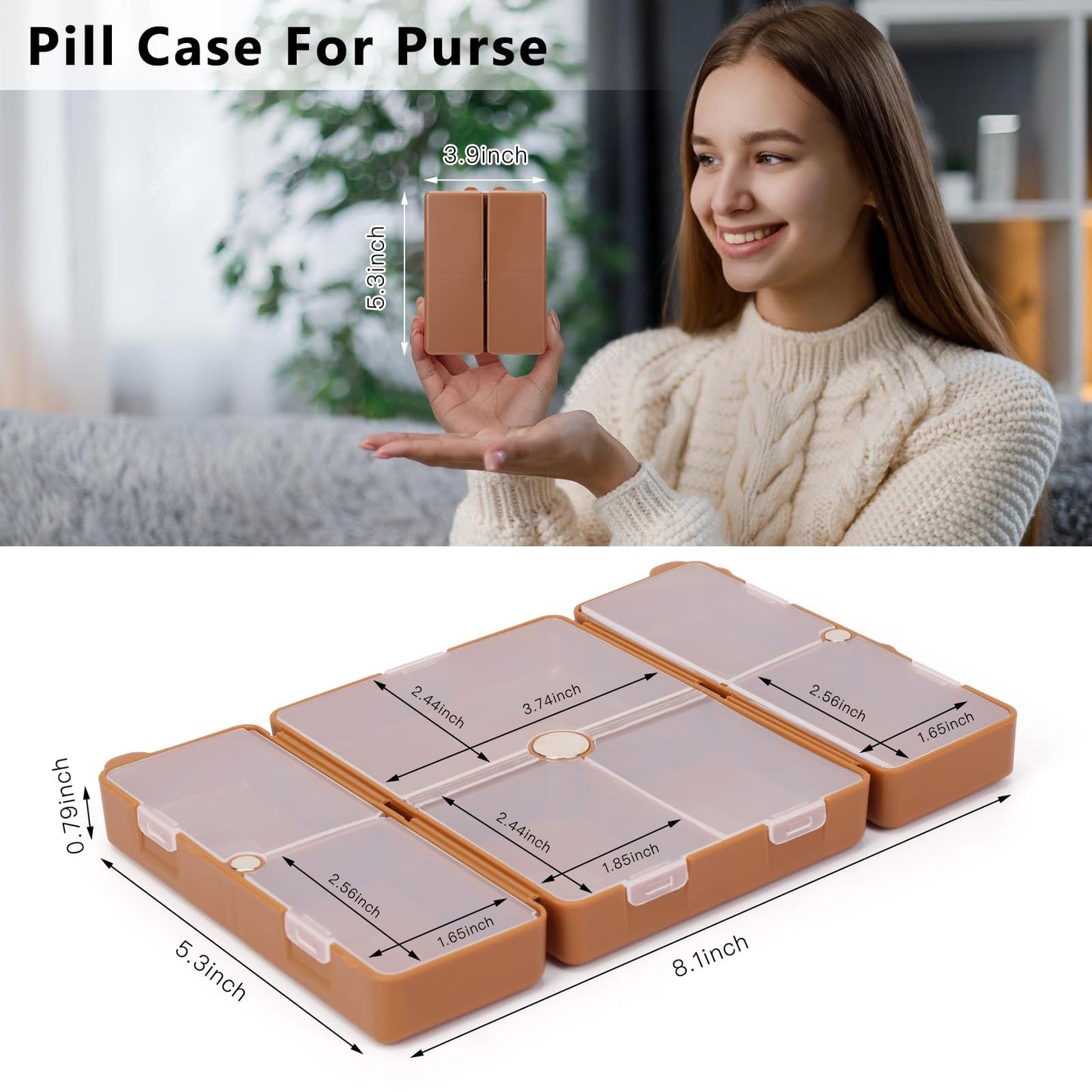 FYY Daily Pill Organizer,2 Pcs 7 Compartments Portable Pill Case Travel Pill Organizer,[Folding Design] Pill Box for Purse Pocket to Hold Vitamins,Cod Liver Oil,Supplements and Medication-Brown