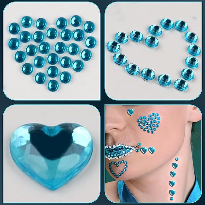 3 Sheets Rhinestone Stickers Self Adhesive Rhinestones Gems for Face Eyes Makeup Hair Body Stick on Rhinestones Stickers for Valentine Festival Decal Decor(Aqua Blue)