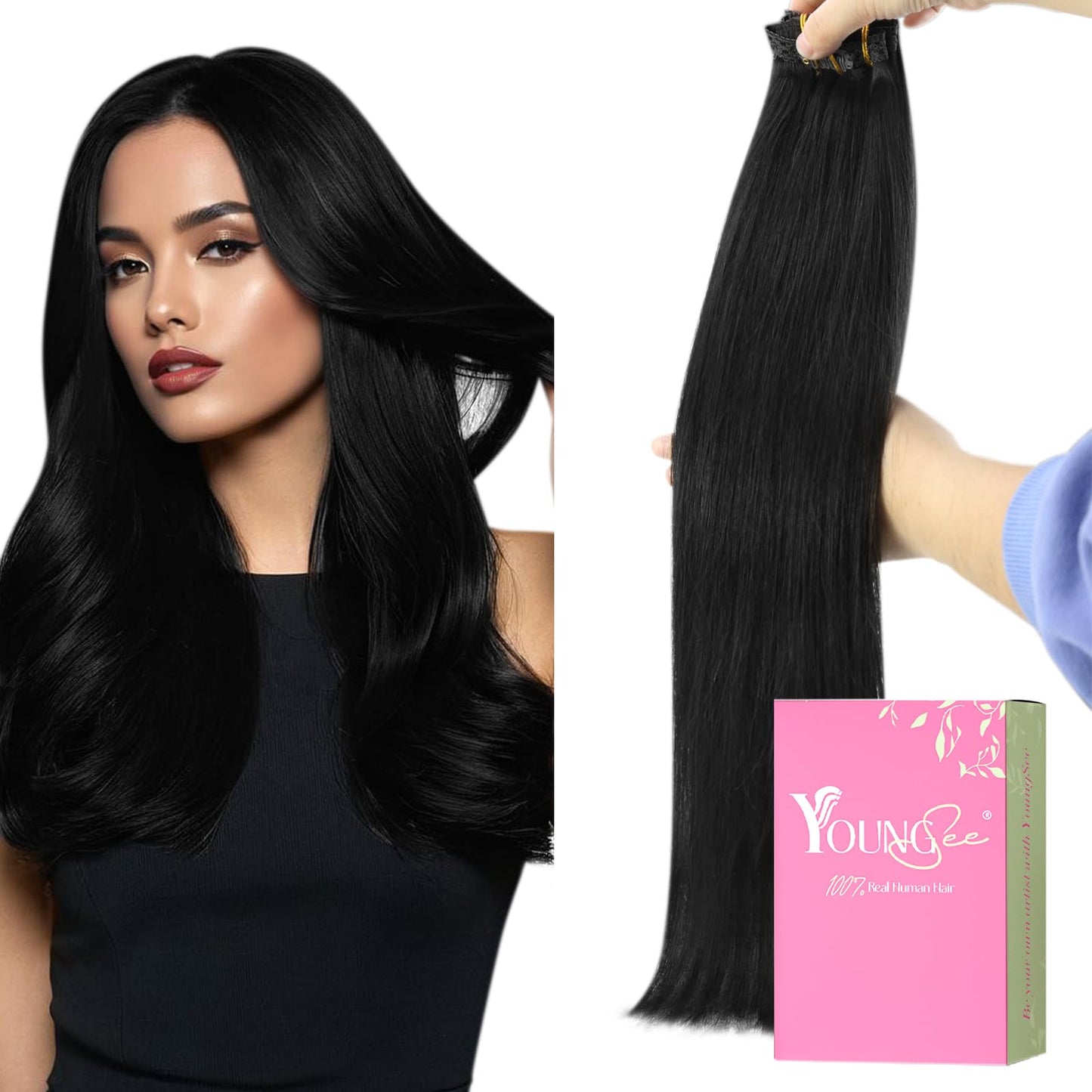 YoungSee Clip in Extensions for Women Black Invisible Clip in Hair Extensions Human Hair Black Soft and Silky Hair Extensions Hu