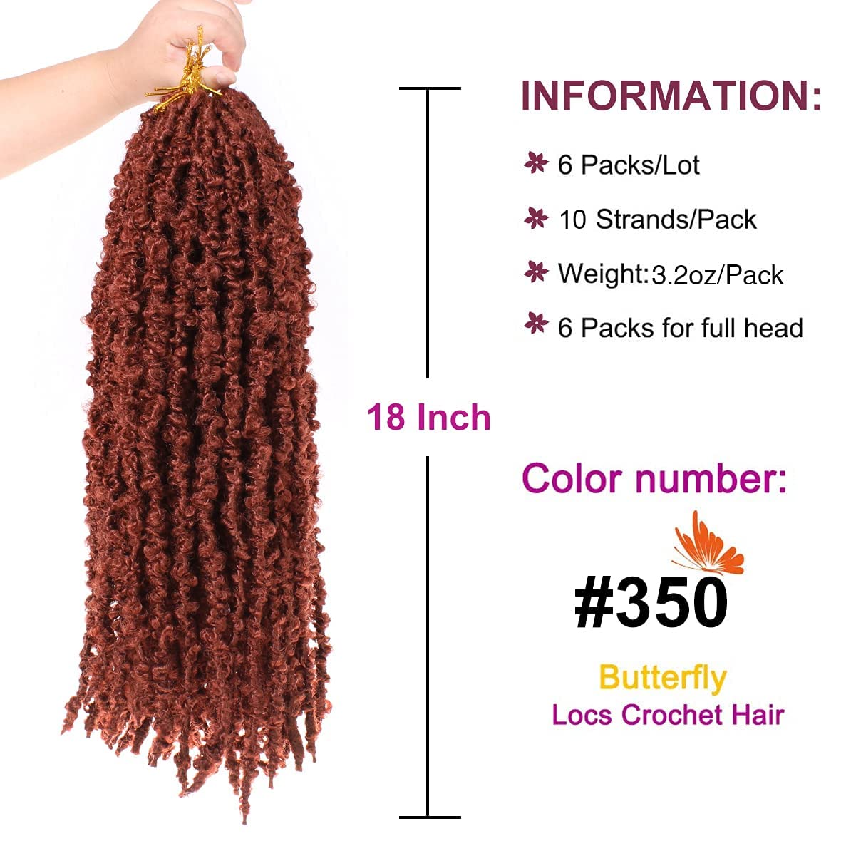 ZRQ Butterfly Locs Crochet Hair 18 Inch 6 Packs Cooper Red Distressed Faux Locs Pre-looped Synthetic Crochet Braids Extended Sof