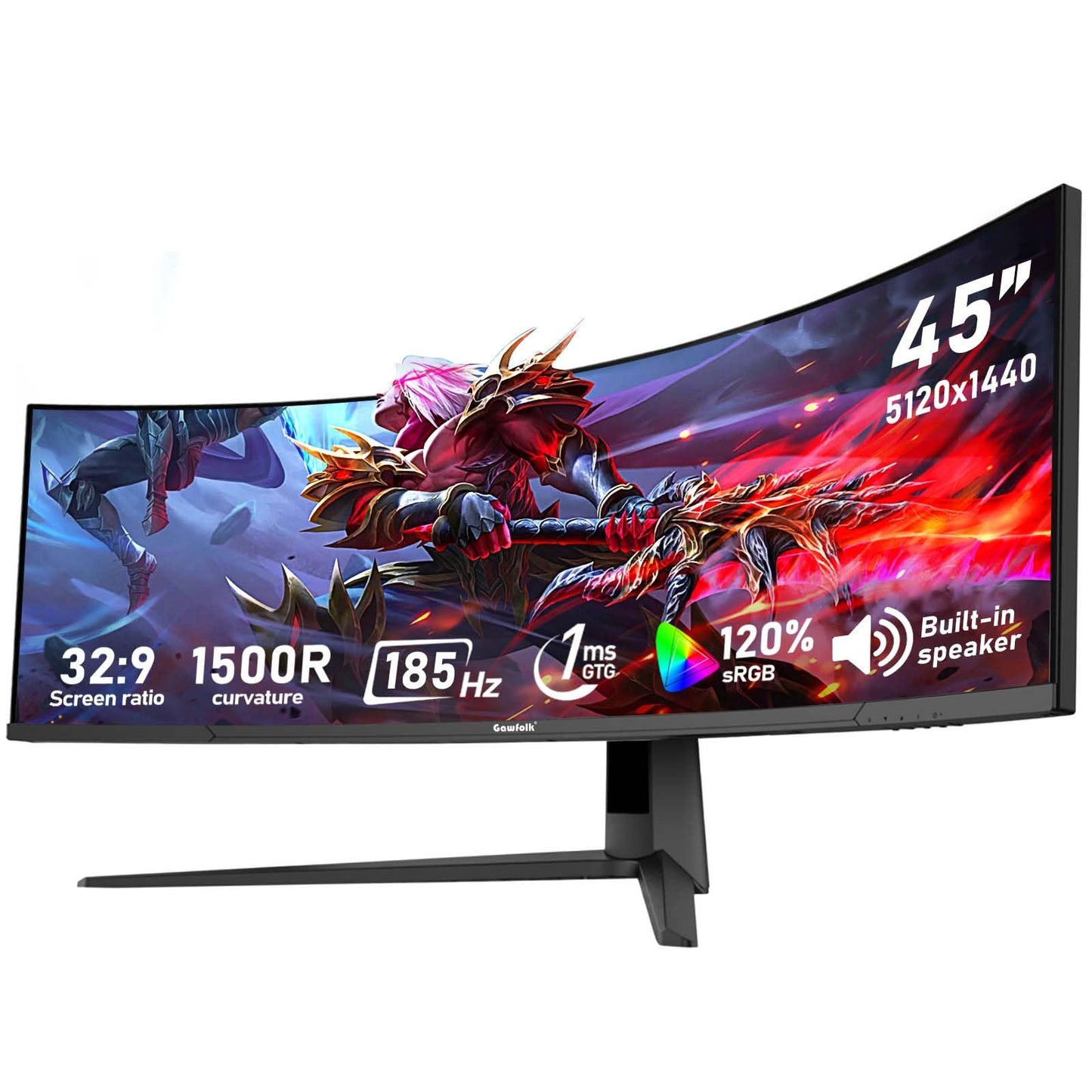 Gawfolk 45 inch Ultra-Wide Curved 1500R Gaming Computer Monitor, DQHD(5120×1440) PC Screen, 185Hz, 1MS, FreeSync, 120% sRGB, Built-in Speaker, HDMI2.1 & DP1.4, Compatible Wall Mount 100 * 00mm- Black