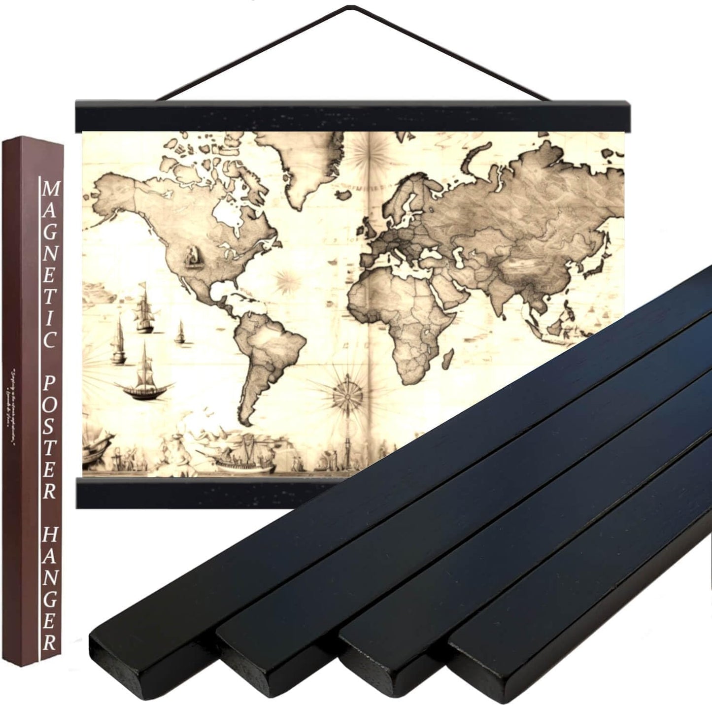 DACRI HOME 54" Magnetic Poster Hanger Frame - Sturdy Teak Wood Poster Frame 54x30 54x36 54x38, Strong Magnets for Easy Hanging Map Picture Canvas Print Scroll Wall Art (54 Inch, Black)