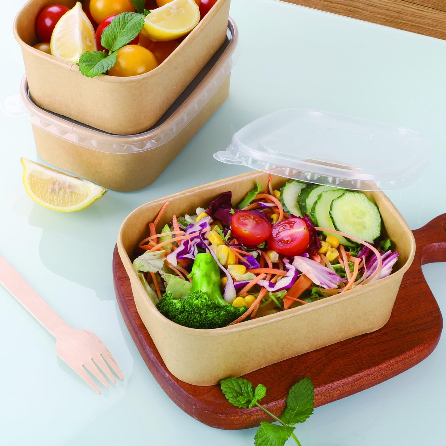 Belinlen 50 Sets 25oz Disposable Kraft Paper Bowls with Lids, Rectangle Paper Food Containers with Lids, Salad Bowls for Hot/Cold Food, Soup, Meal Prep, Ice Cream, Takeout, Party Supplies(750ml)