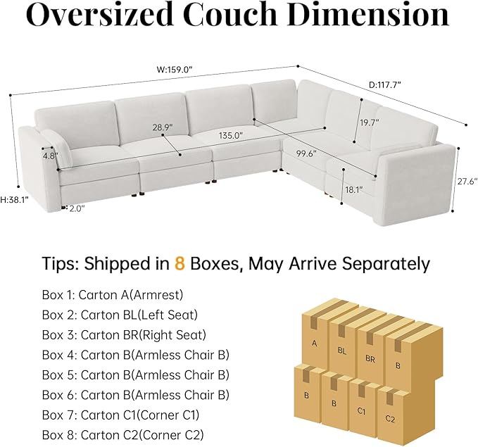 CUGOAO 159'' Modular Sectional Sofa, Oversized L-Shaped Sectional Couch, Deep Seat Chenille Cloud Couch, Removable Cover, Mordern Upholstered Couches for Living Room, Apartment, Office, Beige