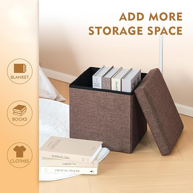 B FSOBEIIALEO Storage Ottoman Cube, Linen Small Foot Seat, for Living Room, Bedroom, Home Office, Dorm Storage Footrest Brown 11.8"x11.8"x11.8"