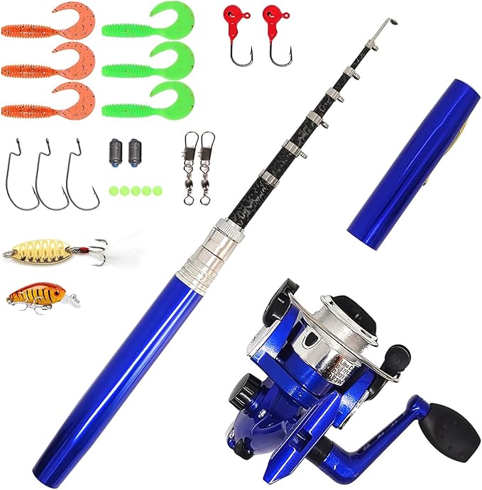 Portable Small Pen Fishing Rod Spinning Reel Combos, 38" 55" Compact Telescopic Fish Pole Kits for All Season Fishing in R...