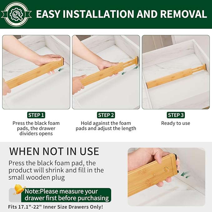 4 Pack Bamboo Drawer Dividers 2.6" High,17-22" Adjustable Spring Loaded Clothes Drawer Organizers for Kitchen, Dresser, Bathroom, Bedroom and Office