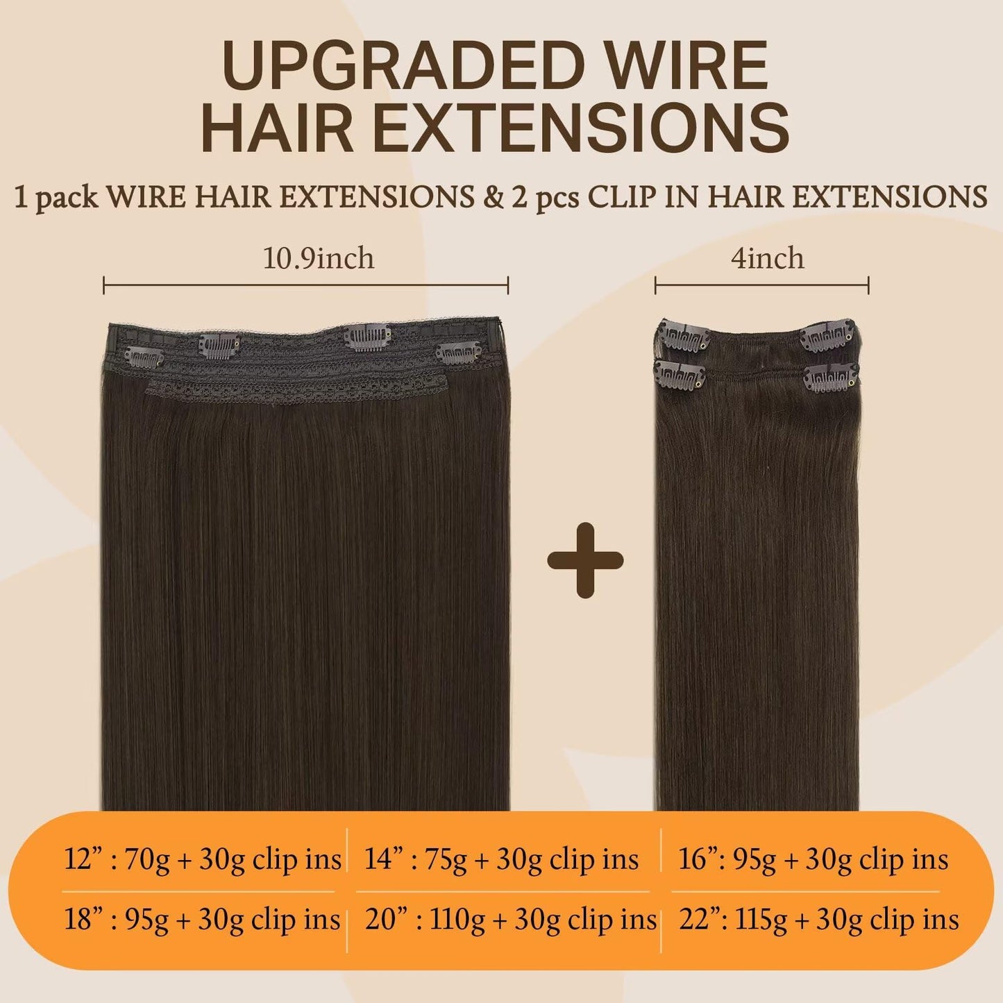 DOORES Wire Hair Extensions, Light Dark Brown 14 Inch 75g Fish Line Weft Extensions and 2pcs 30g Clip ins, 105g Invisible Wire R