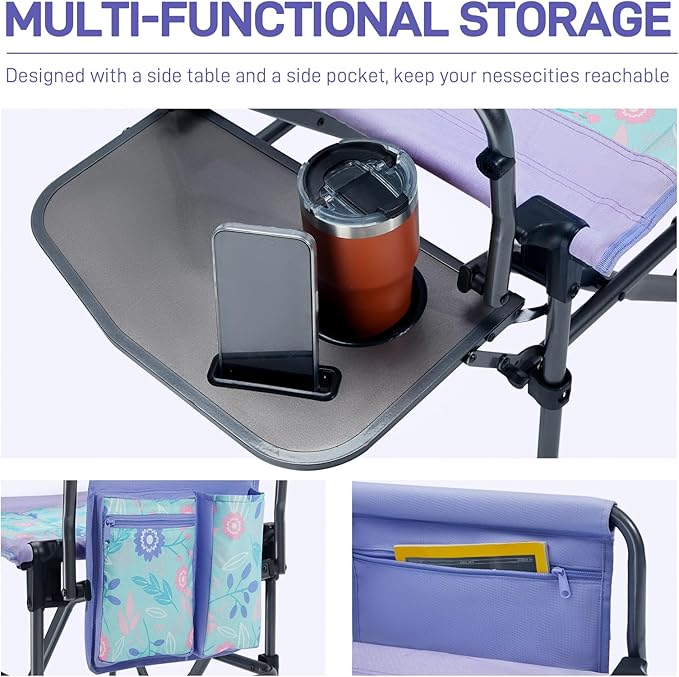 EVER ADVANCED Portable 30.7" Seat Height Tall Folding Chair Directors Chair High Foldable Bar Stool with Side Table for Makeup Artist, Camping, Sports Event, Craft Show, Supports 350LBS Purple