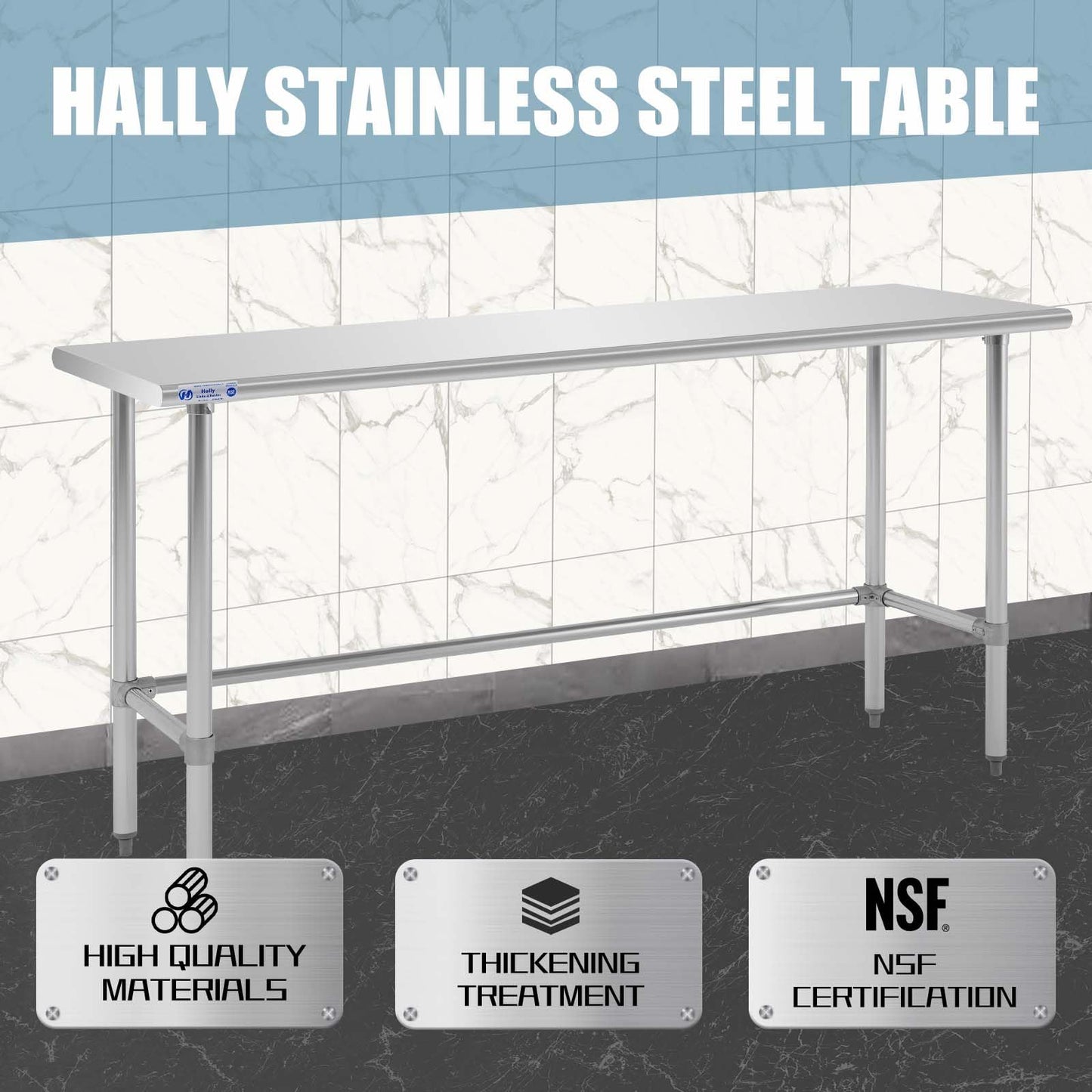 Hally Open Base Stainless Steel Table 24 x 72 Inches, NSF Commercial Heavy Duty Prep & Work Table with Galvanized Legs for Restaurant, Home and Hotel