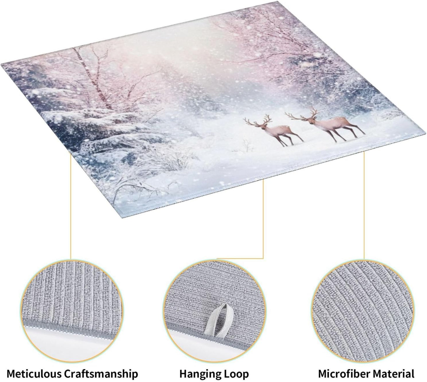 Dish Drying Mat for Kitchen Winter Deer Forest Christmas Counter Absorbent Dishes Drainer Microfiber Small 16x18 Inch