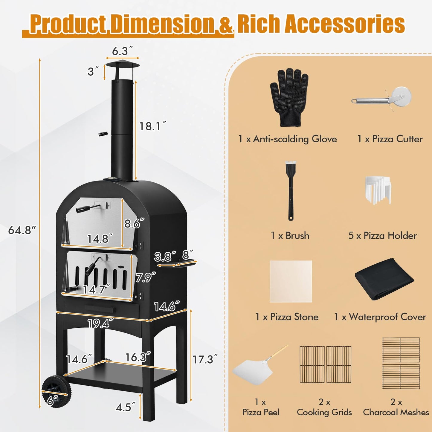 Happygrill Outdoor Pizza Oven Wood Fired, Portable Pizza Maker Grill w/Stone, Peel, Cooking Grids, Built-in Thermometer, Waterproof Cover, Wheels for Barbecue Backyard Camping