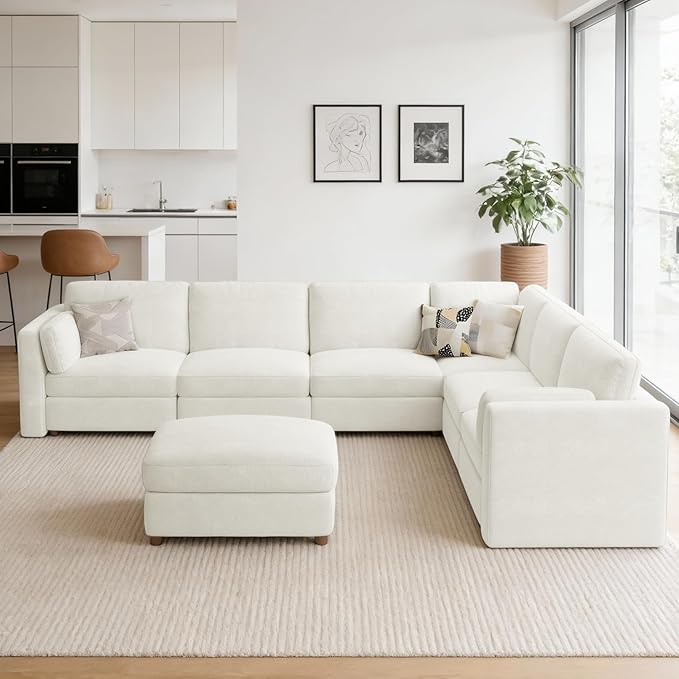 CUGOAO 159'' Modular Sectional Sofa, Oversized L-Shaped Sectional Couch with Ottoman, Deep Seat Chenille Cloud Couch, Mordern Upholstered Couches for Living Room, Apartment, Office, Beige