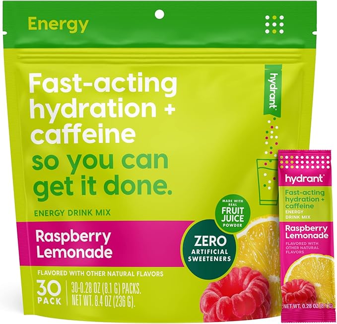 Hydrant - Energy Electrolyte Powder, Raspberry Lemonade Flavor, 30 Caffeine & L-Theanine Energy Hydration Stick Packs - Lo...