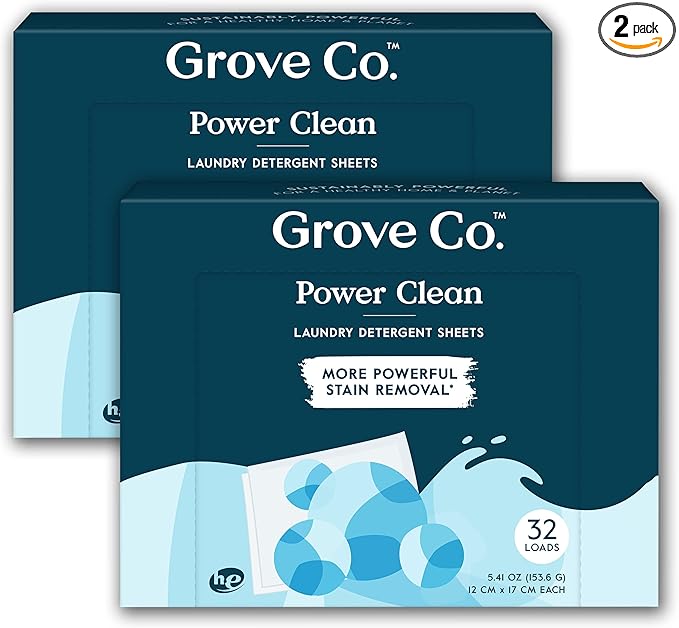 Grove Co. Laundry Detergent Sheets, Power Clean Dissolving Washer Sheets (2 Pack - 64 Loads) Tough Stain Remover, Unscented Free & Clear Formula