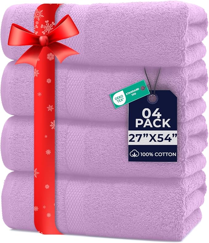 DAN RIVER Bath Towels Set of 4, 27 x 54 Inches, 100% Cotton, Larger & Lighter Weight, Quicker to Dry, Super Soft and Absorbent, Ideal Shower Towel for Daily Use, Lavender
