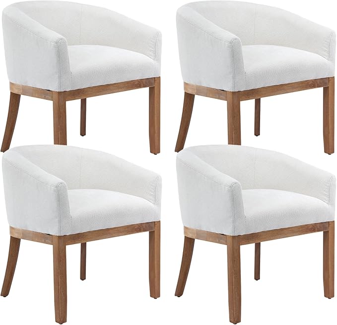 Shenyon Mid Century Modern Dining Chairs Set of 4, Upholstered Linen Fabric Dining Room Chairs with Arms and Solid Wood Legs, Comfy Barrel Accent Chairs for Dining Room, Living Room, or Cafe,Beige