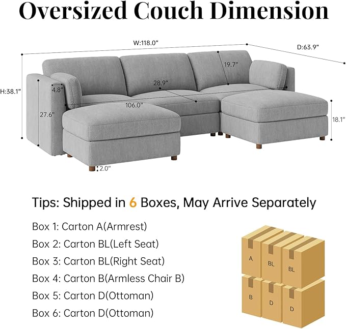 CUGOAO 118'' Modular Sectional Sofa, Oversized U-Shaped Sectional Couch with Ottoman, Deep Seat Chenille Cloud Couch, Mordern Upholstered Couches for Living Room, Apartment, Office, Grey