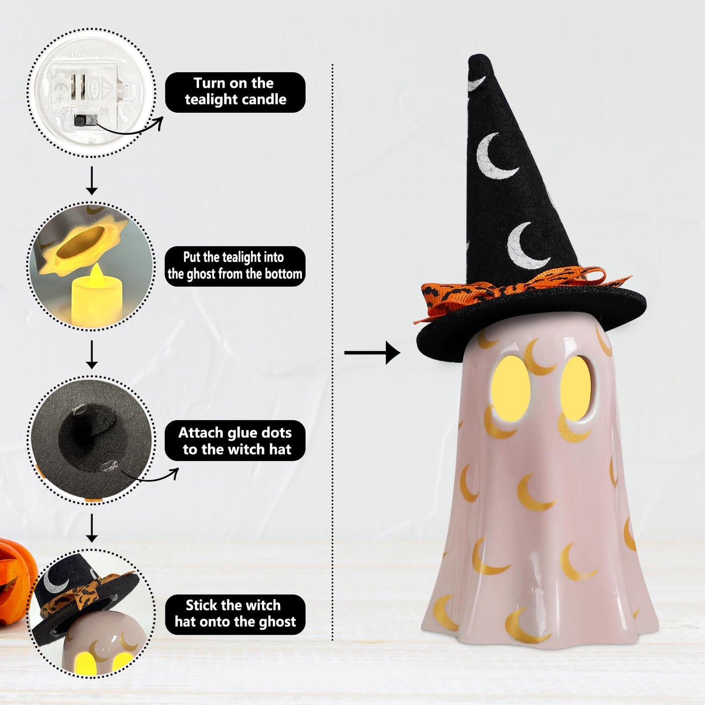 DAZONGE Halloween Decorations Indoor, Set of 3 Ceramic Ghosts with Witch Hats, Cute Spooky Halloween Ghost Figurines for Mantel, Shelf & Tabletop Decor