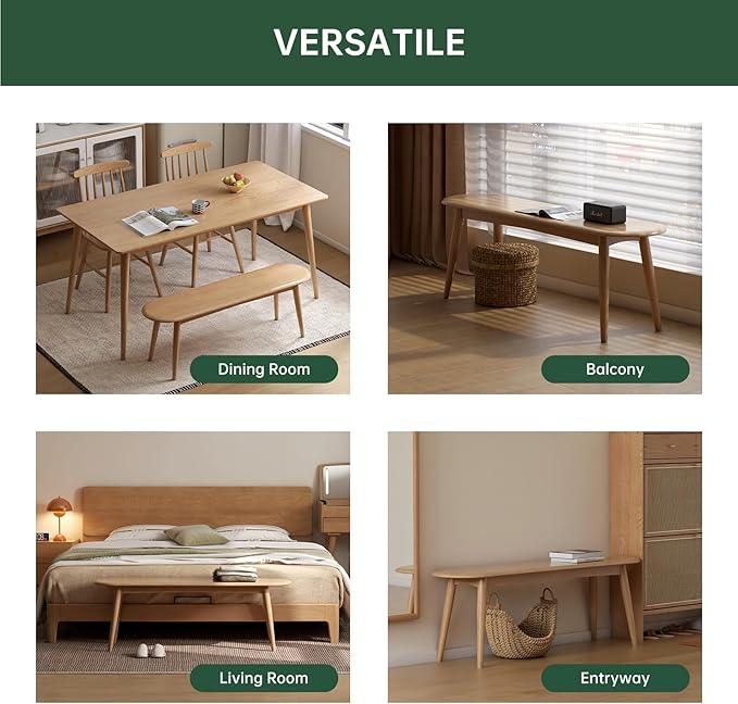 Vadisun 100% Solid Oak Wood Dining Bench, 39.5'' Entryway Bench Ottoman End of Bed Benches with Rounding Corner Design for Kitchen Dining Room Living Room Bedroom, Natural