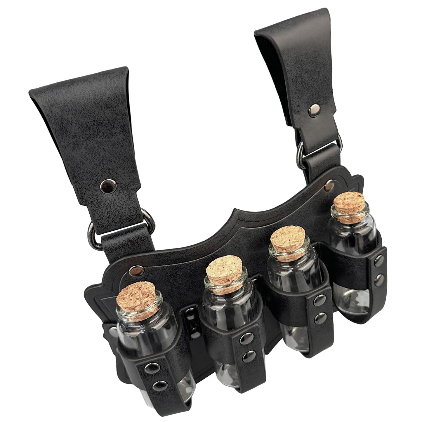 HiiFeuer Medieval Embossed Alchemy Faux Leather Buckle Belt with 4 Cork Vials, Fantasy Wizard Potion Bottles Belt (Black B)