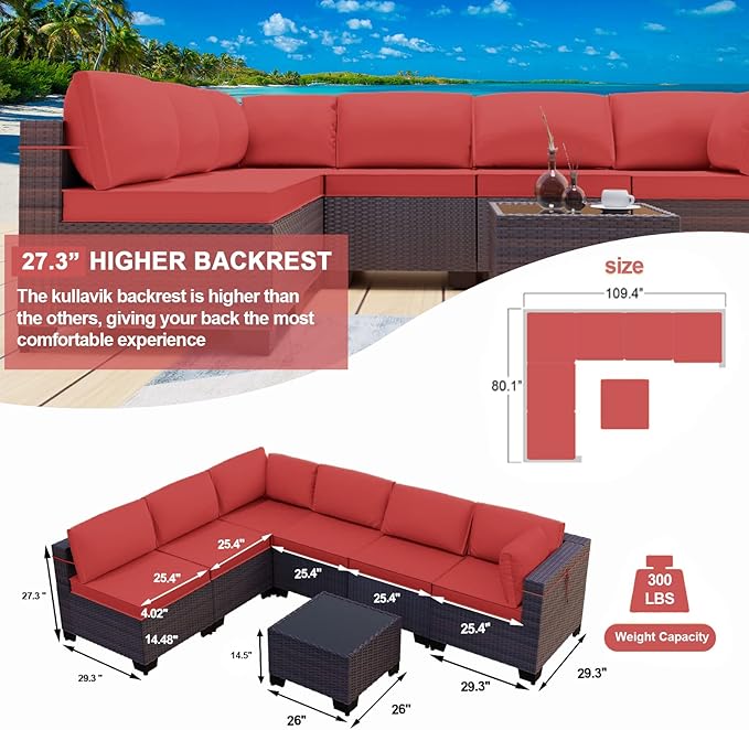 Kullavik 7 Pieces Outdoor Patio Furniture Set,Sectional Rattan Sofa Set Brown PE Rattan Wicker Patio Conversation Set with Tempered Glass Coffee Table and Washable Cushions Covers,Red