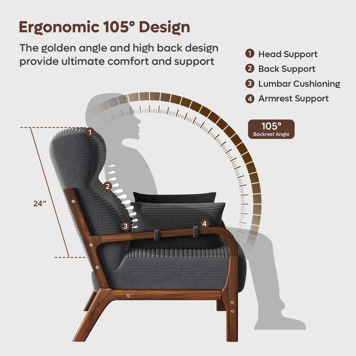 Bestier Mid Century Ergonomic Accent Chair, 105° Backrest Angle with Pillow, High Back Living Room Chair with Head/Back/Armrest Support, Thick and Comfy Seat Cushion Reading Chair, Grey