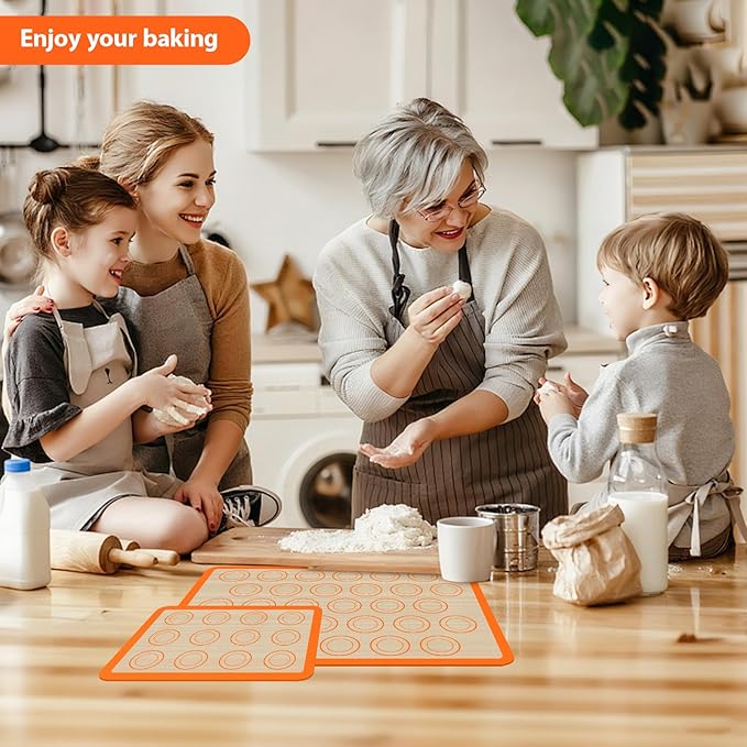 Macaron Silicone Baking Mats, 3 PCS Non Stick Macaroon Mat Silicone for Macarons, Cookie, Pastry, Orange