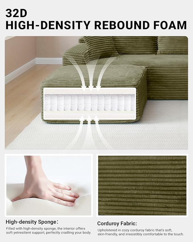 150" Oversized Modular Sectional Sofa,Deep Seat Cloud Corduroy Boneless Couch with Cup Holders,USB Ports, Wireless Charging & Storage Box,Upholstered Modular Sleeper Sofa for Living Room (Green)